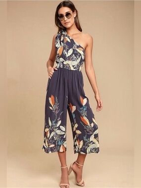 Free People Navy Floral One-Shoulder Jumpsuit with Orange Accents